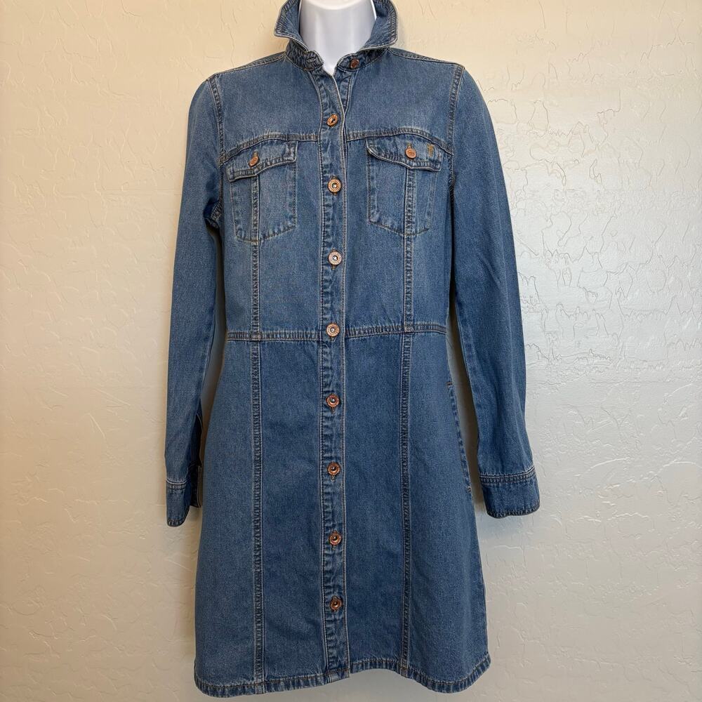 Frye Denim Shirt Dress XS Button Front Utility Western Jean Dress Pockets